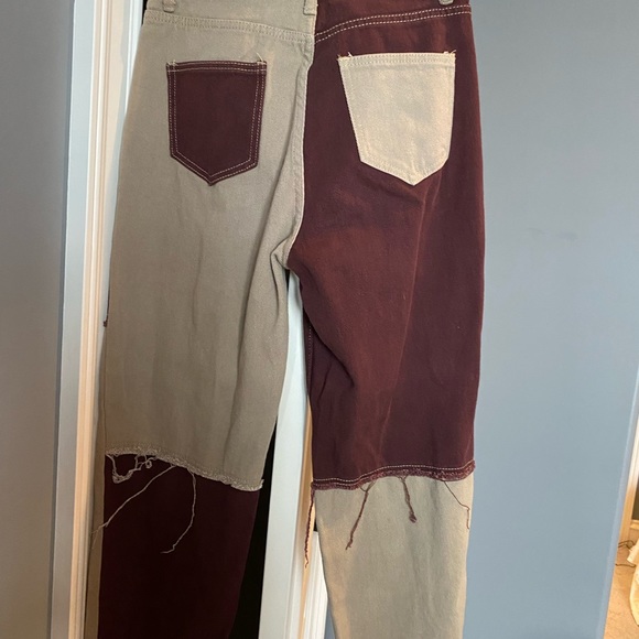 Beige and burgundy square patchwork jeans, high waisted - Picture 2 of 2